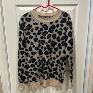 Aqua Cream and Black Crew Neck Sweater with Leopard Print